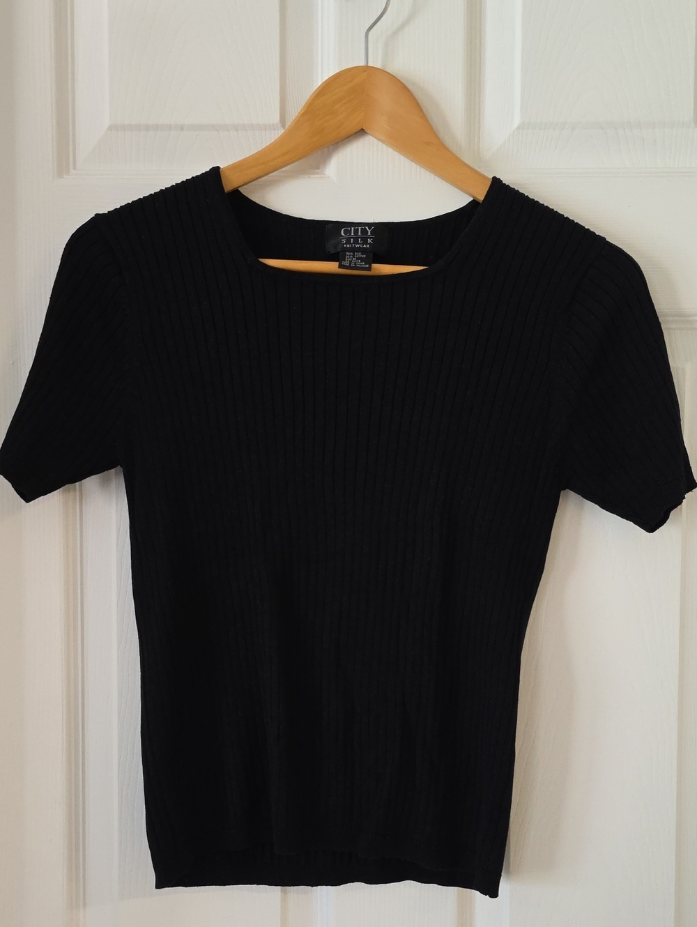 City Silk Knitwear Black Ribbed Short Sleeve Crewneck Top Silk & Cotton Size M